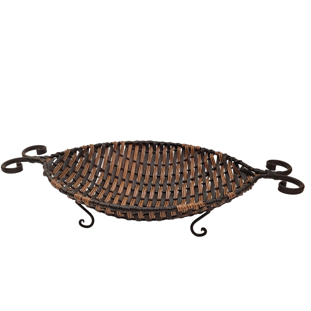 Unbranded Woven Metal Footed Basket Home Decor Brown Black Scroll Handles